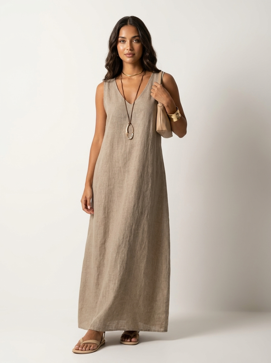 Sleeveless linen look maxi dress with a deep neckline