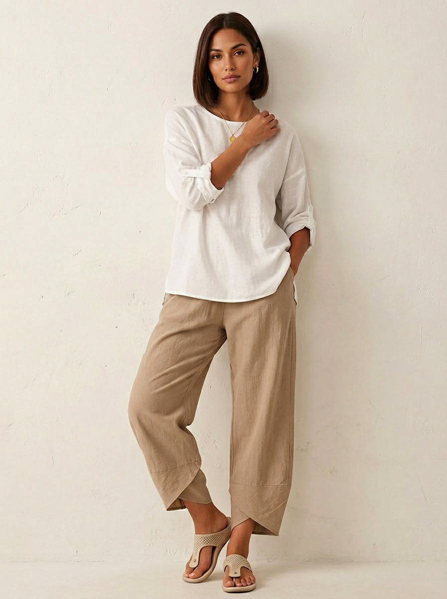 Lightweight linen look trousers with elasticated waist