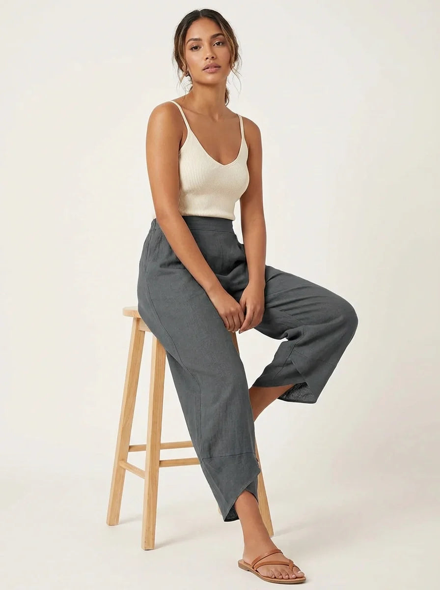 Lightweight linen look trousers with elasticated waist