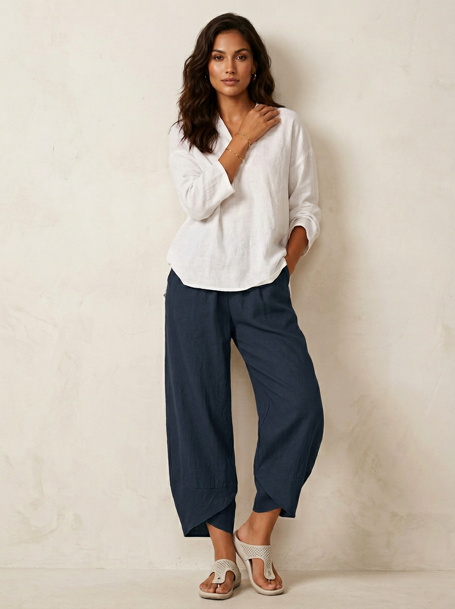Lightweight linen look trousers with elasticated waist