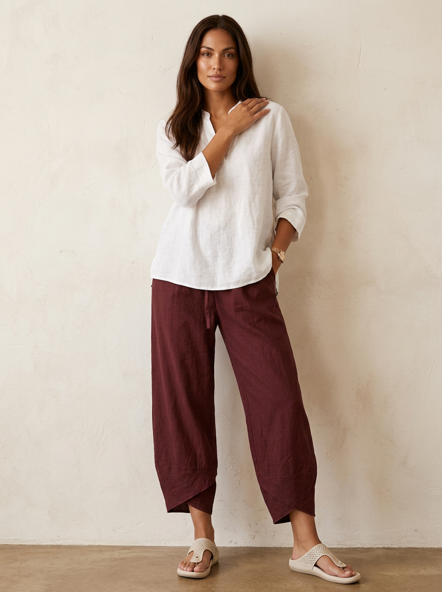 Lightweight linen look trousers with elasticated waist