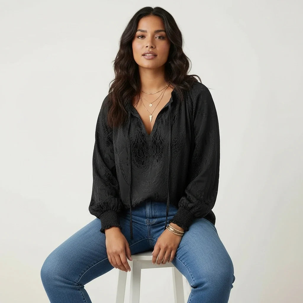 Women's Lace Blouse - floral lace with v-neck tie