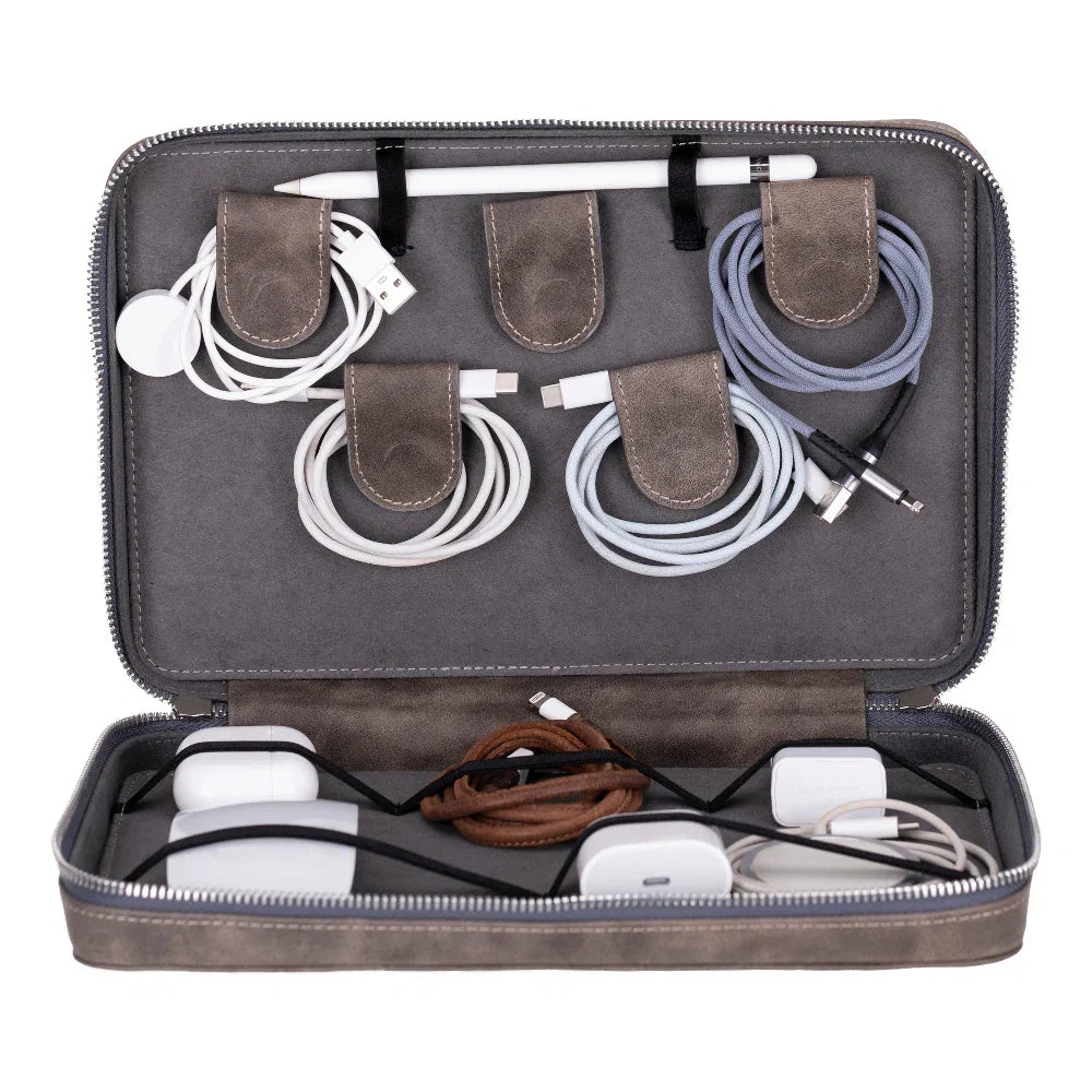 Leather Cable Organiser in Light Grey