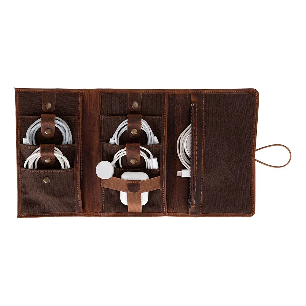 Leather Cable Organiser in Tan Brown