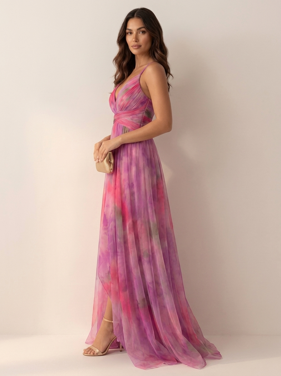 Maxi gown with watercolour print and front split