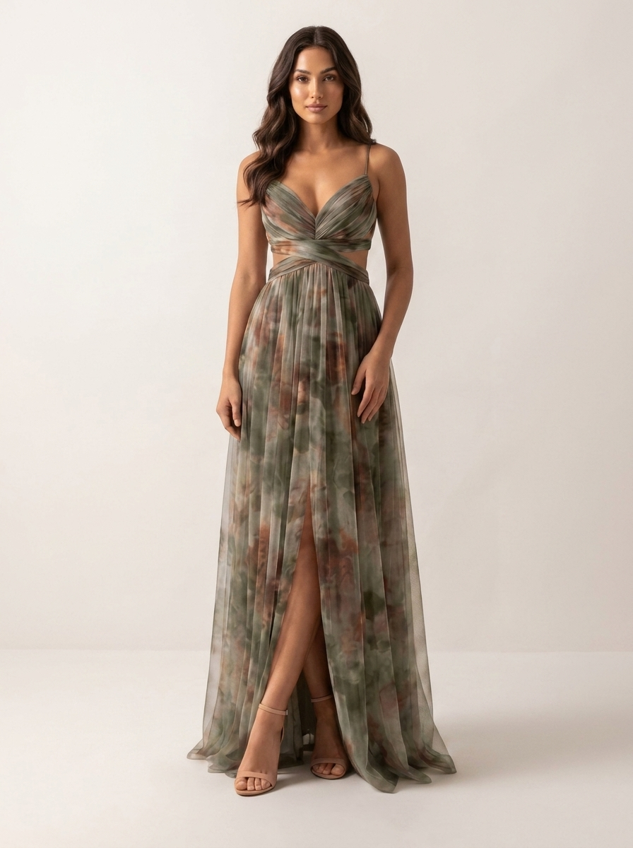 Maxi gown with watercolour print and front split