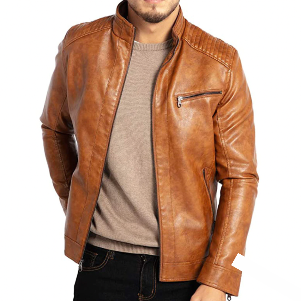 Men's Vintage Leather Jacket with Chest Pocket – Saint Dor UK – front view