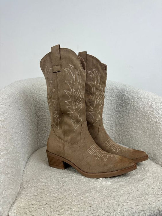 Tan suede-look mid-calf cowboy boots with a stacked block heel