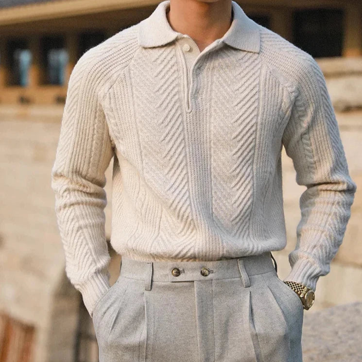 Men's knitted polo jumper with cable panels, front view