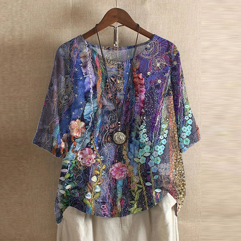 Women's Top - Retro-Inspired Blouse in Blue/Orange