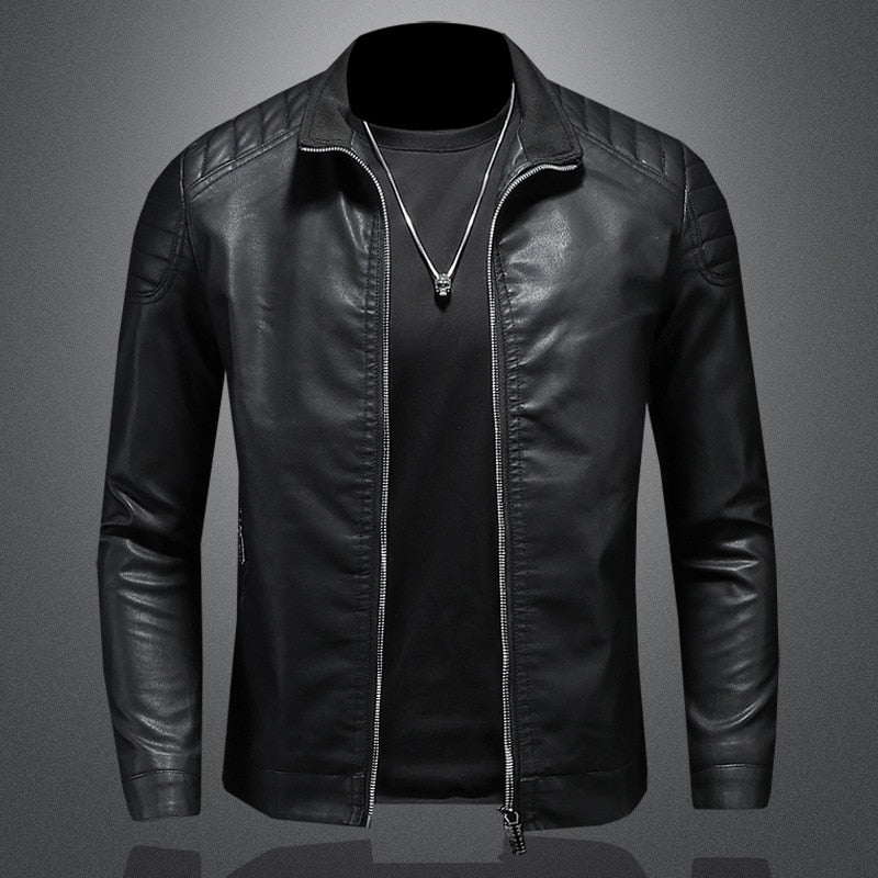 Men's Ribbed Shoulder Open Collar Leather Jacket – Saint Dor UK – side view
