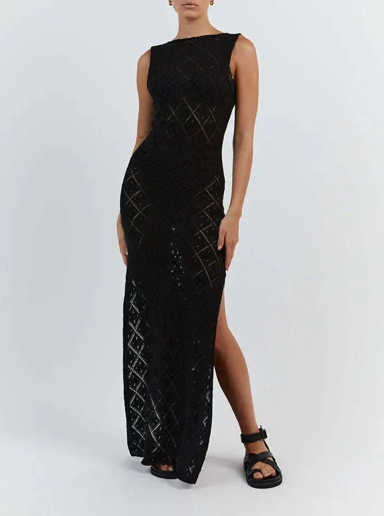 Women's Crochet Maxi Dress – Sheer Summer Resort Slit – alternative view