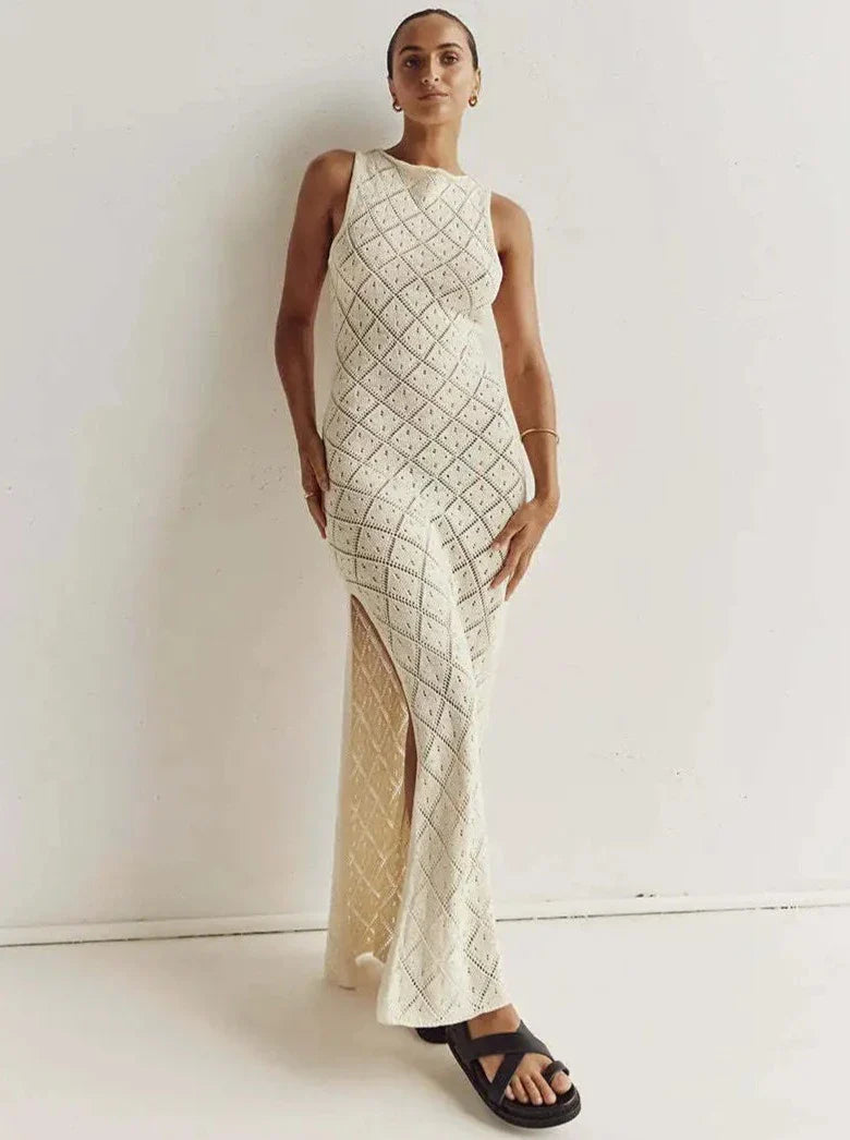 Women's Crochet Maxi Dress – Sheer Summer Resort Slit – front view