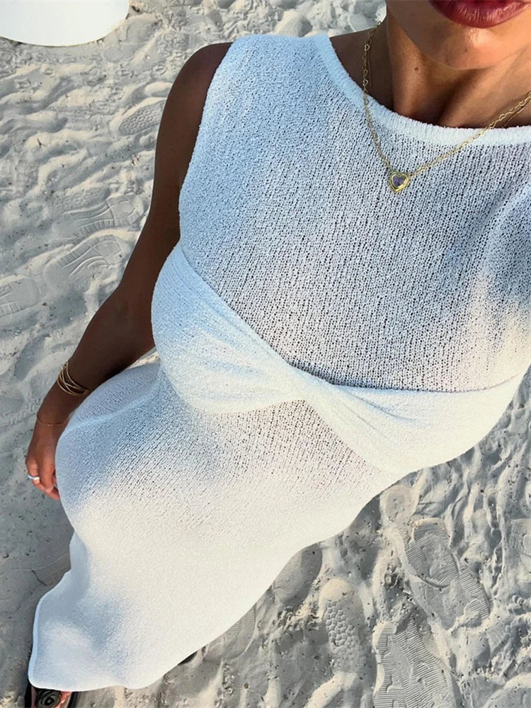 Women's Knit Maxi Dress – Twist Detail Elegant Versatile – side view