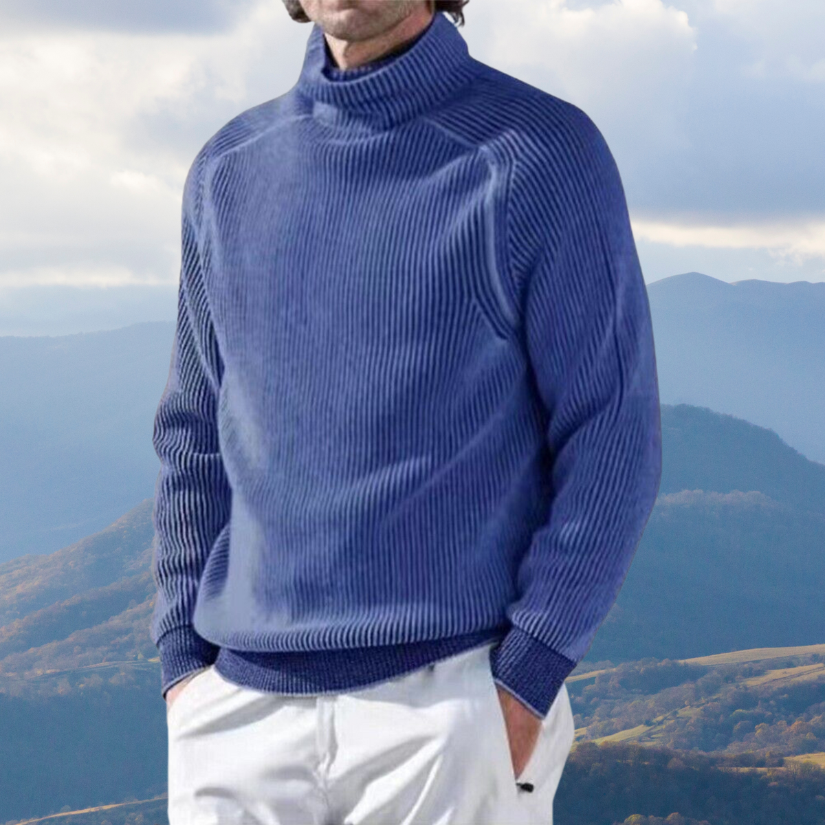 Men's chunky roll neck jumper in Cobalt Blue