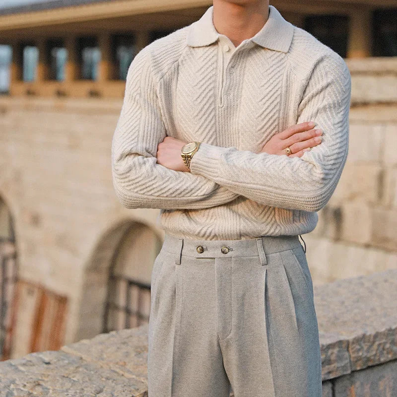 Knitted polo jumper showing the collar and three-button placket