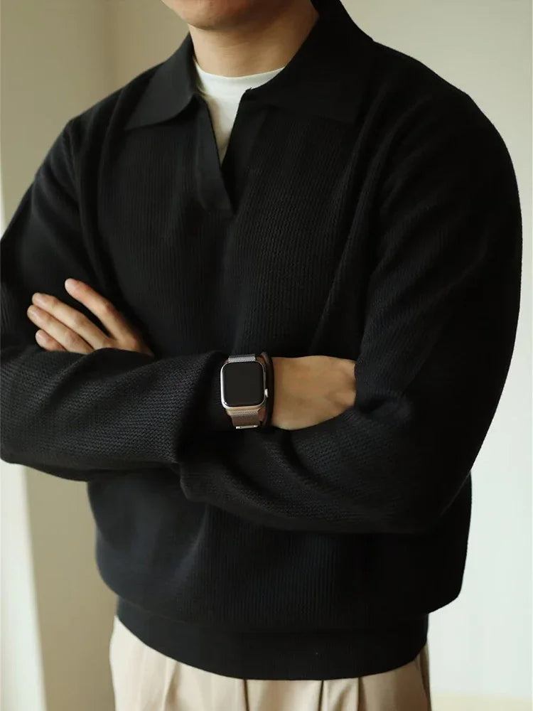 Men's knitted polo with flat collar in Black