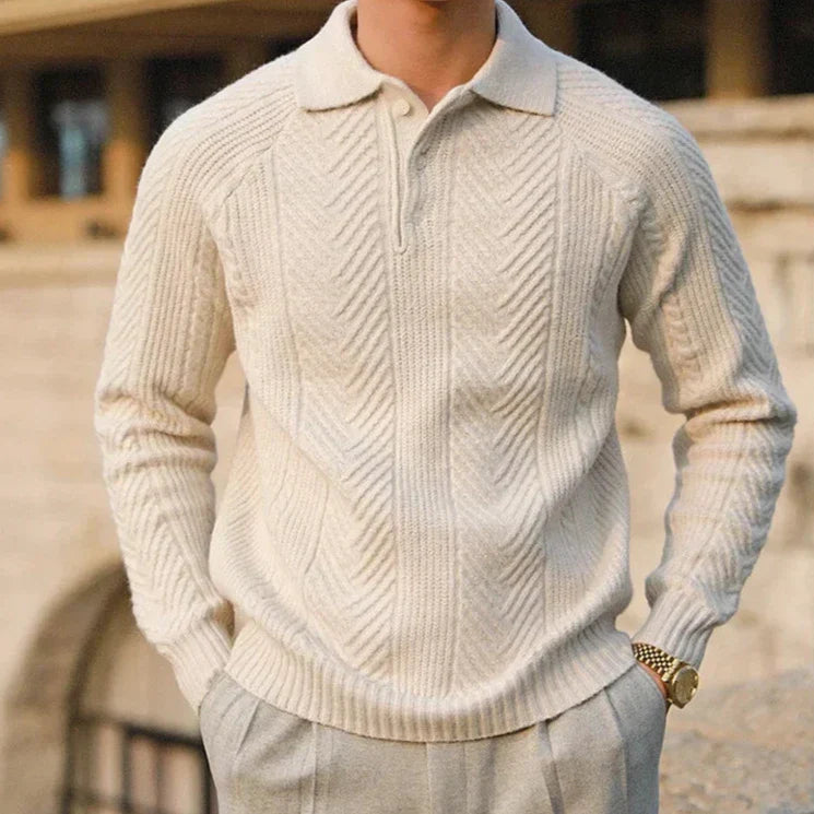 Knitted polo jumper showing the collar and three-button placket