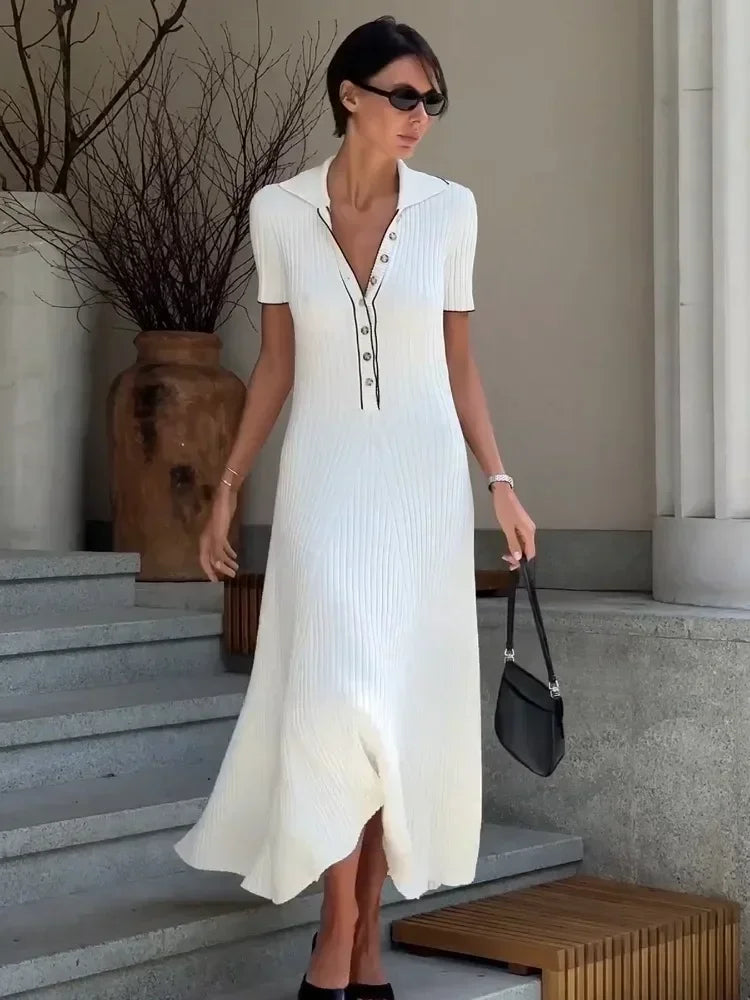Women's Figure-Hugging Knit Dress – Retro Button Placket – front view