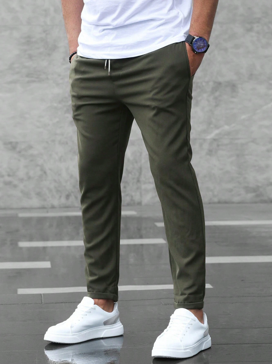 Men's Stretch Chino Trousers - Slim Olive Navy - back view | SAINT DOR