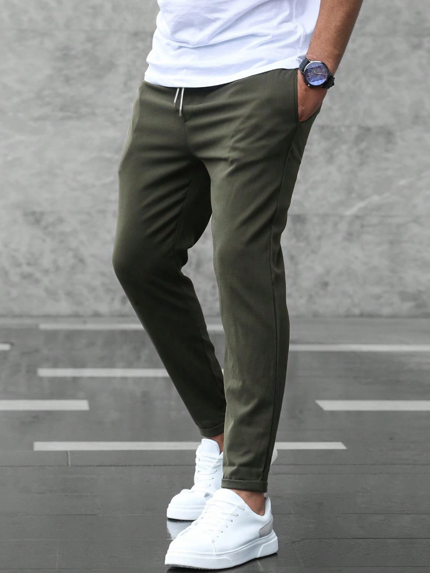Men's Stretch Chino Trousers - Slim Olive Navy - side view | SAINT DOR
