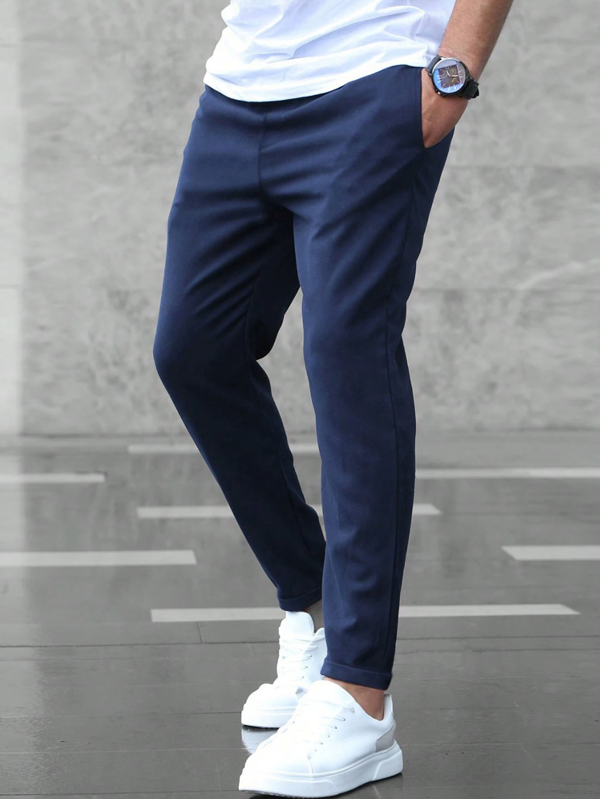 Men's Stretch Chino Trousers - Slim Olive Navy - product view | SAINT DOR
