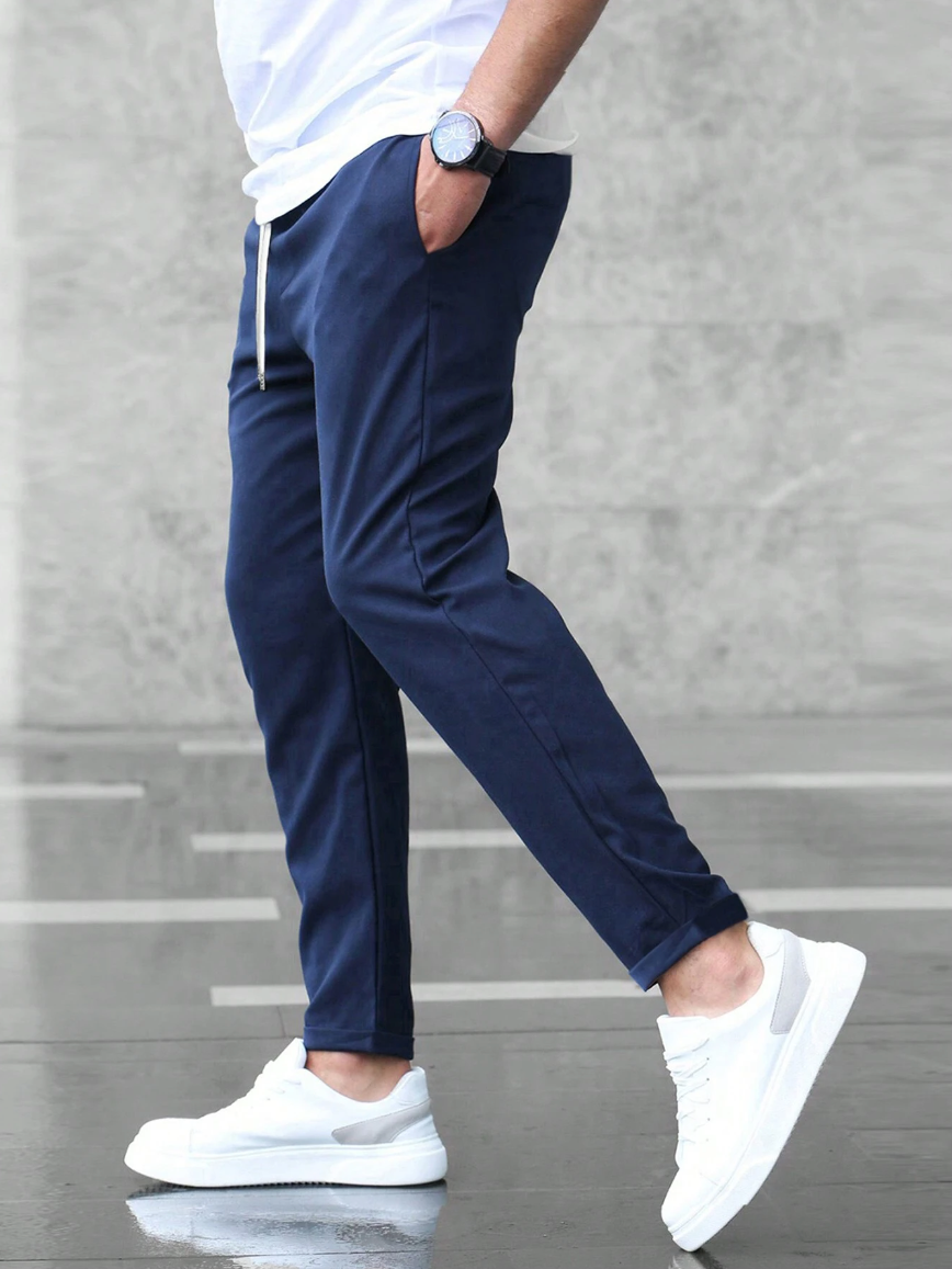 Men's Stretch Chino Trousers - Slim Olive Navy - product view | SAINT DOR