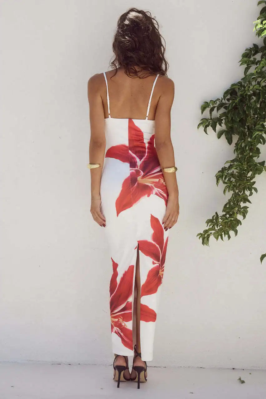 Women's Floral Maxi Dress – Lily Print Beach Resort – detail view