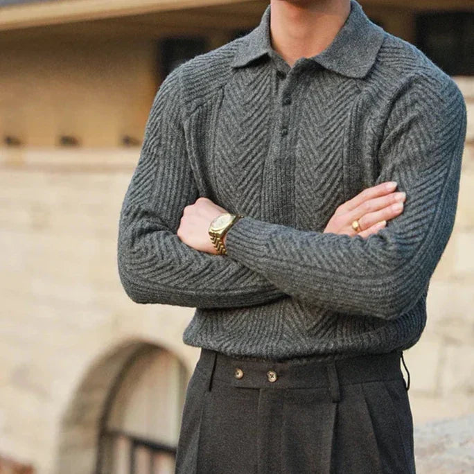 Men's knitted polo jumper worn with tailored trousers