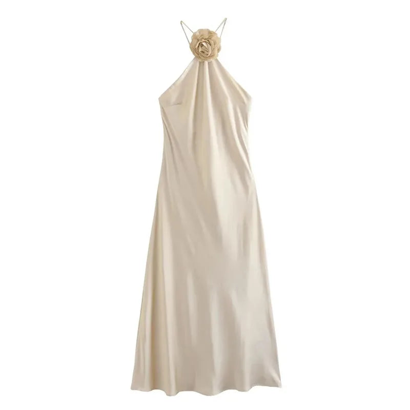 Women's Champagne Satin Dress – Rose Appliqué Occasion – full length view