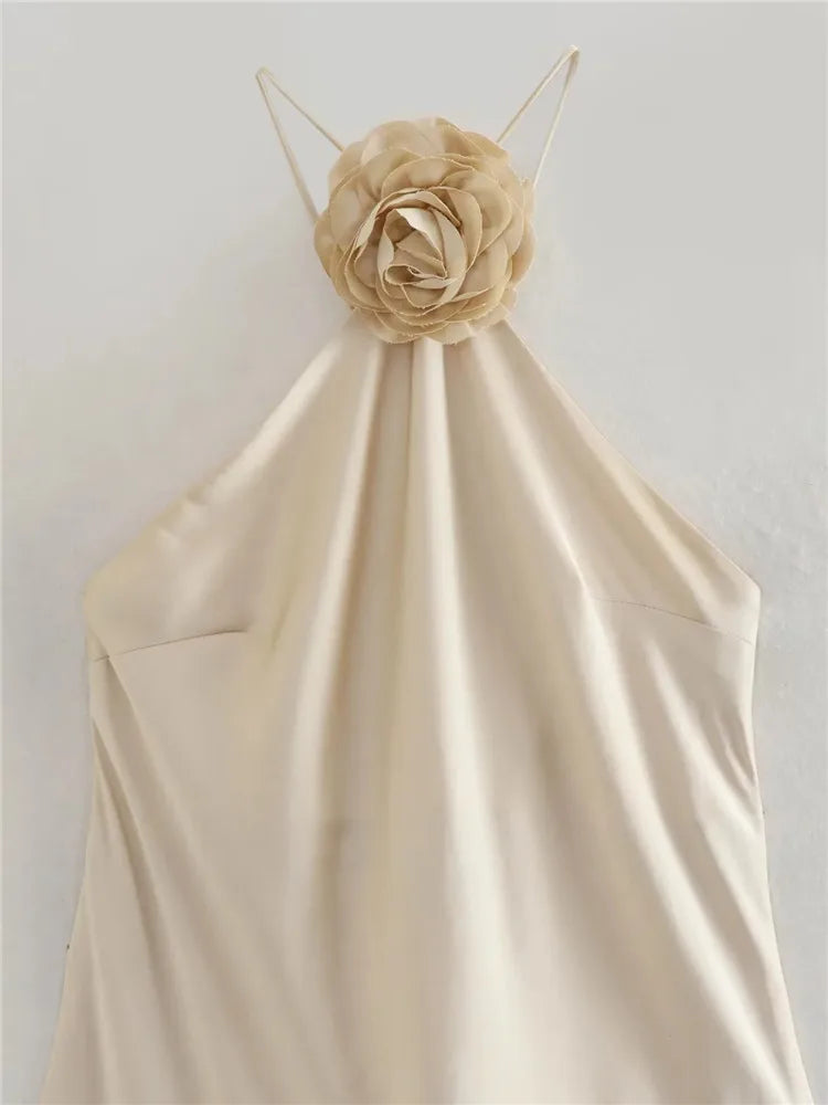 Women's Champagne Satin Dress – Rose Appliqué Occasion – alternative view