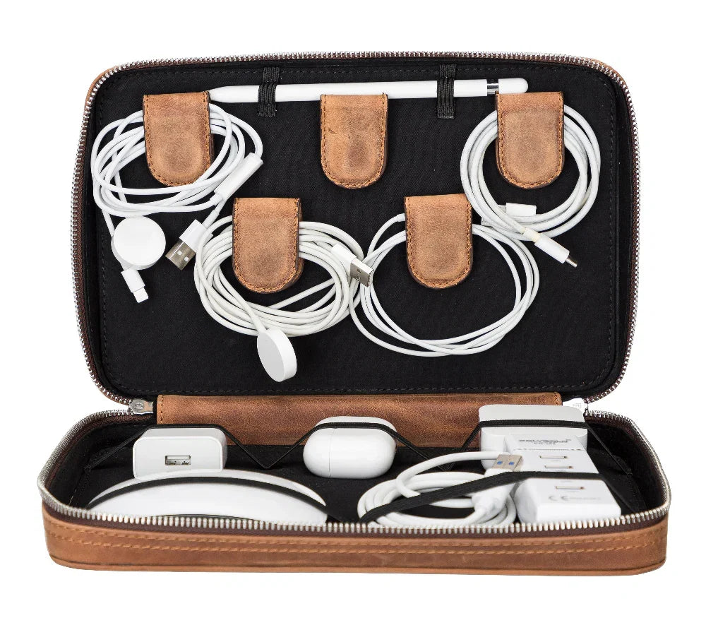 Leather Cable Organiser in Tan Brown