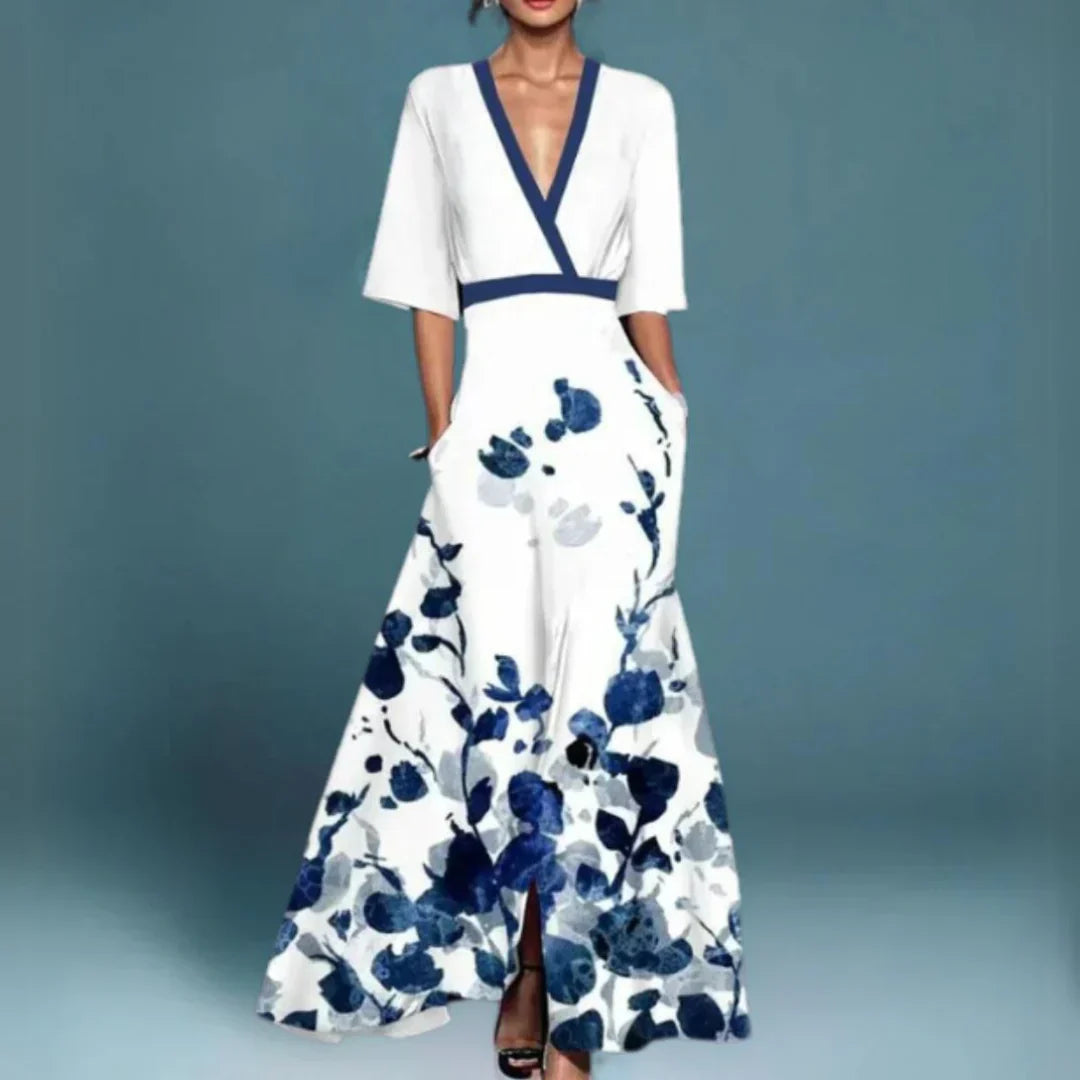 Women's Dress - Elegant Maxi Dress with Floral Pattern in Blue