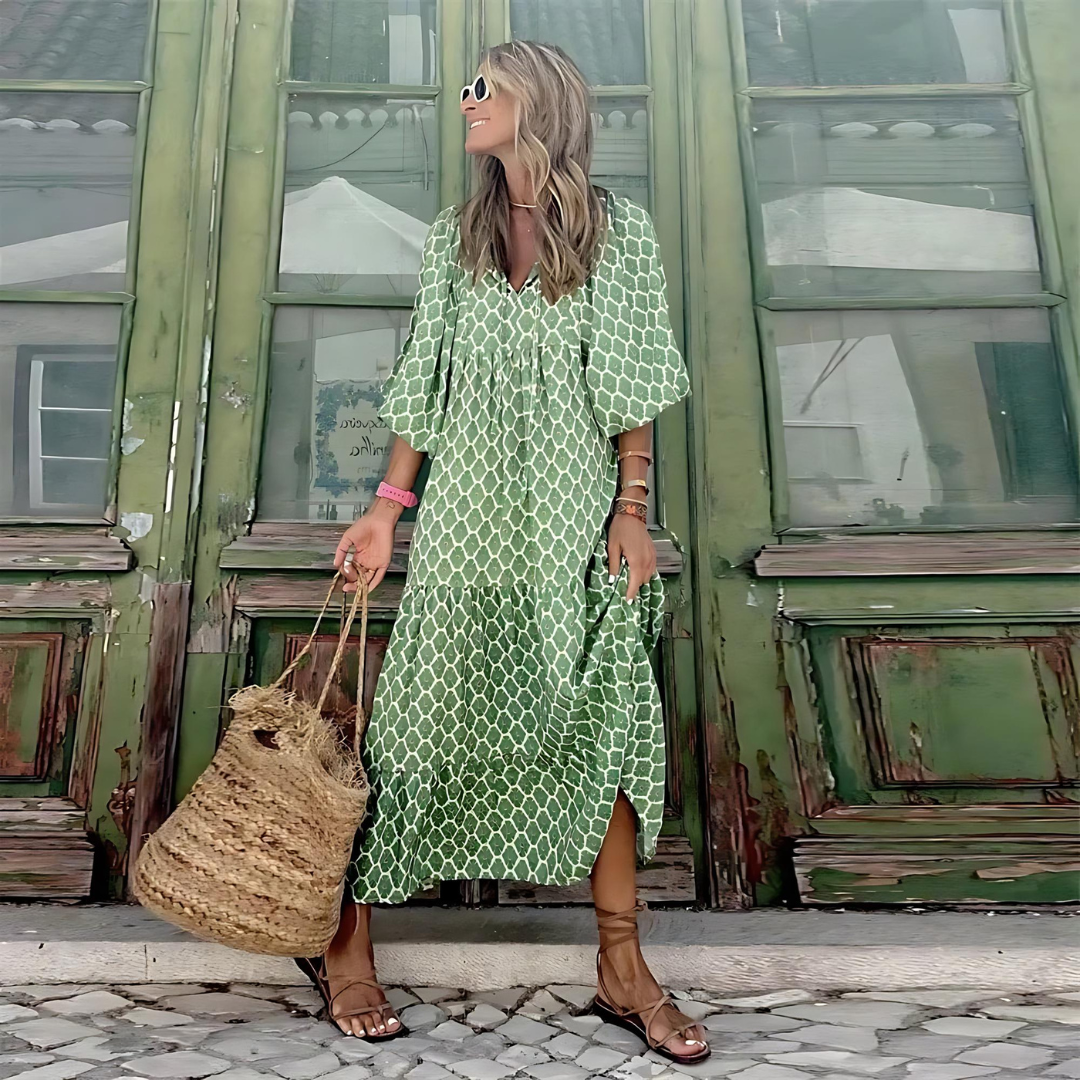 Women's Dress - Effortless Spring Dress in Green and white