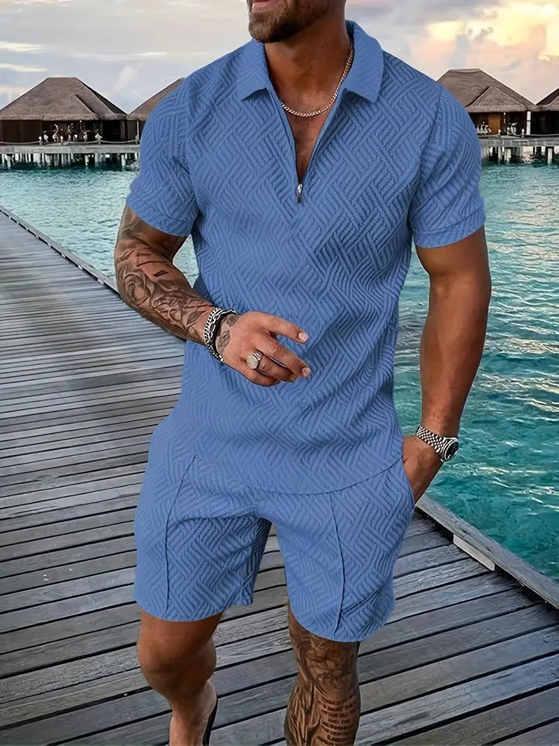 Men's Polo Co-Ord Set - Two-Tone Shirt & Shorts in Royal Blue — side view