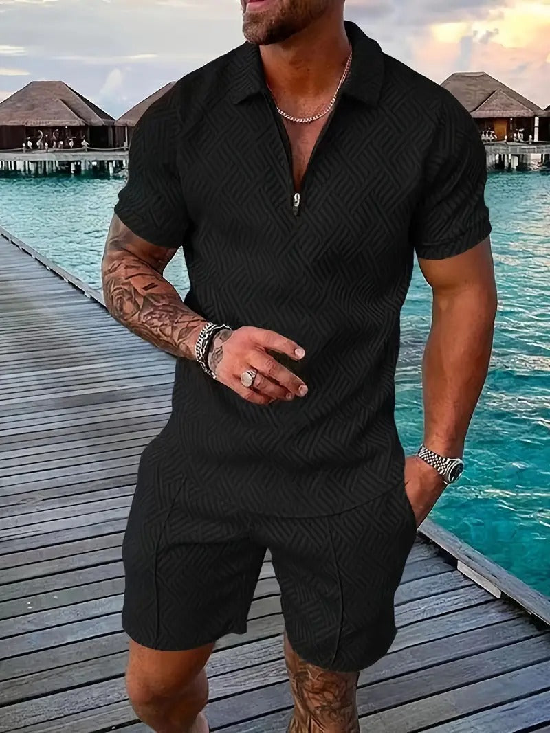 Men's Polo Co-Ord Set - Two-Tone Shirt & Shorts in Black — side view
