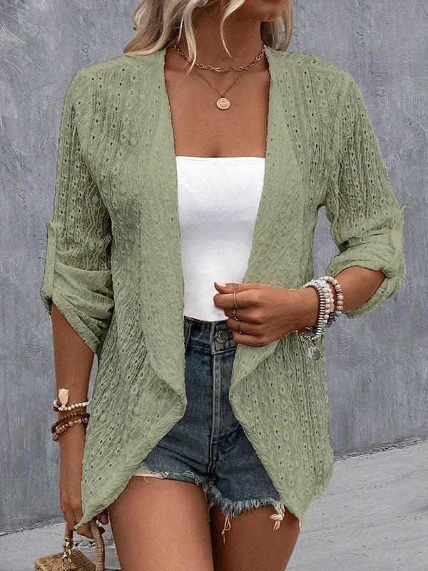 Light openwork knit jacket with a collarless neckline and button front