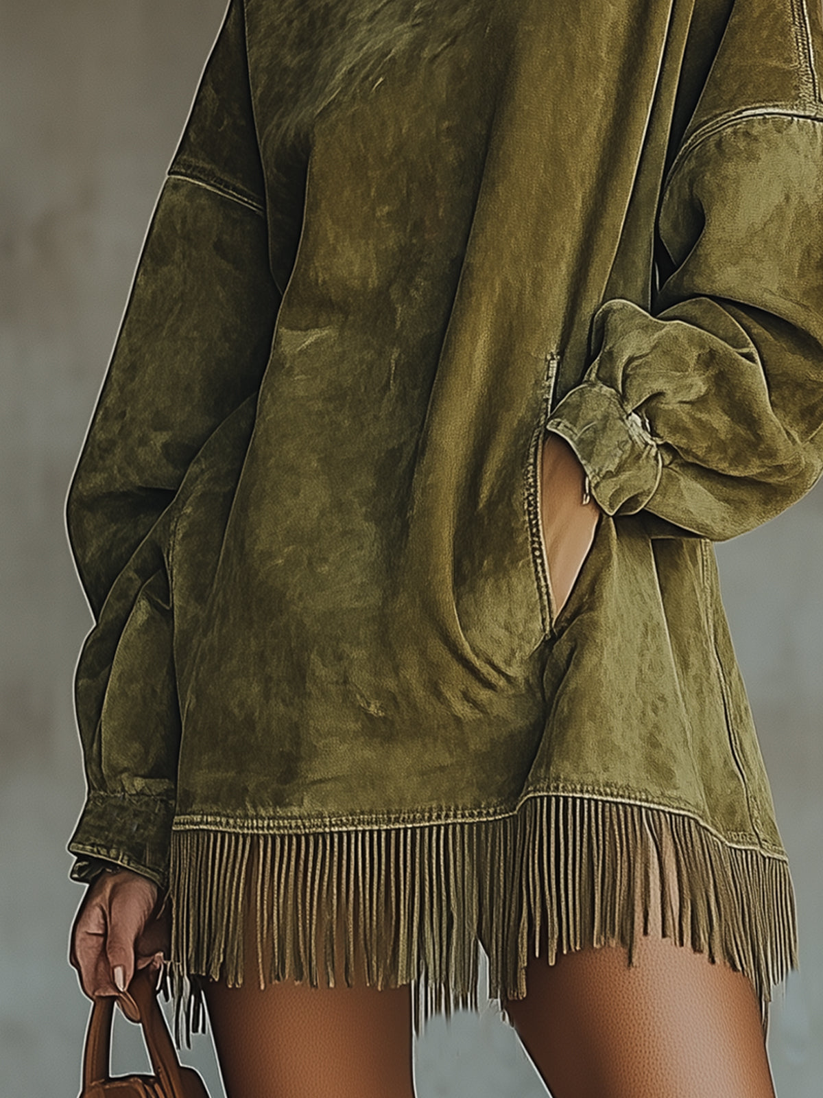 Oversized faux suede dress with fringed hem - detail