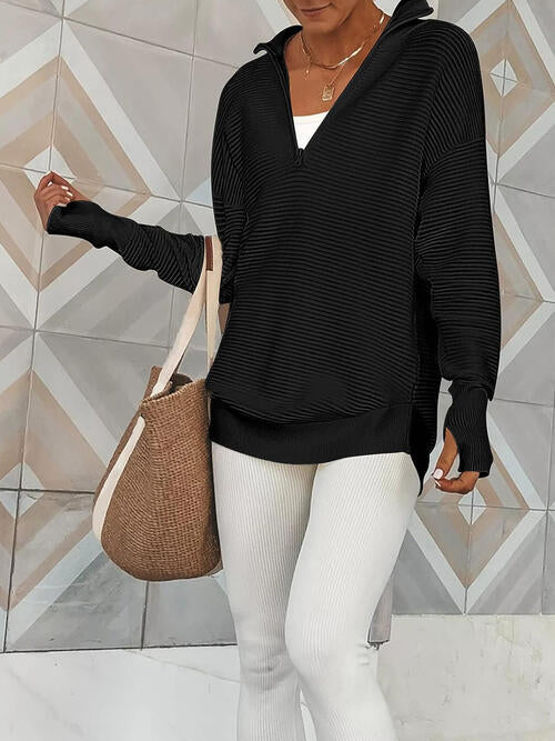 Women's half zip ribbed knit jumper - detail