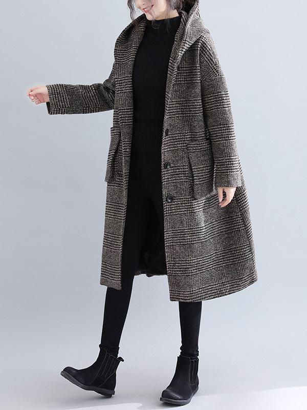 Hooded longline coat in a fine check with two patch pockets