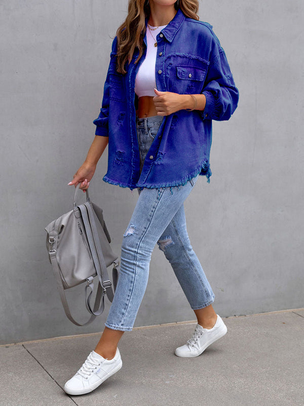 Oversized shirt jacket with frayed edges and chest pockets