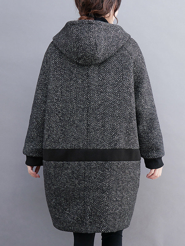 Grey herringbone hooded coat with ribbed cuffs and contrast pocket trims
