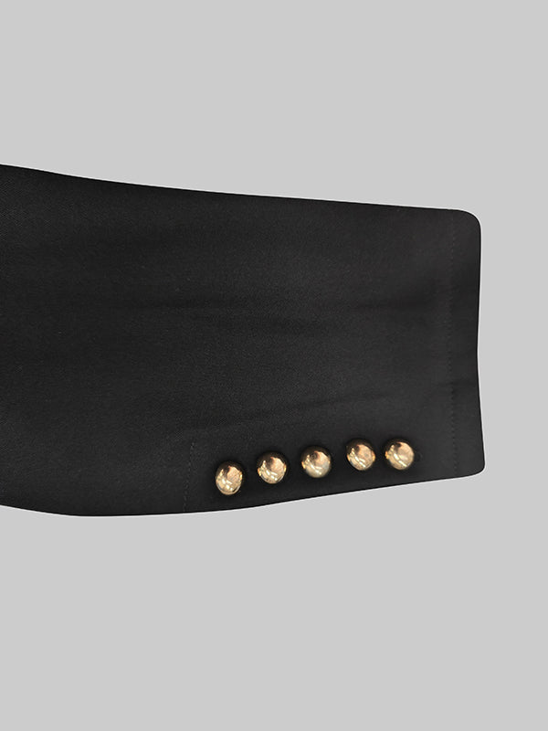 Floor-length black coat with a satin peak lapel and side splits