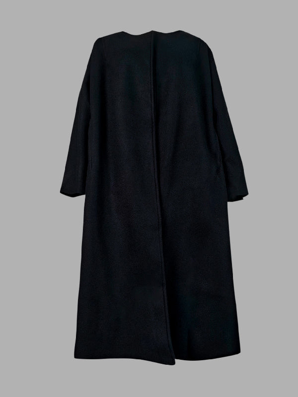 Collarless longline coat with dropped sleeves and an open front