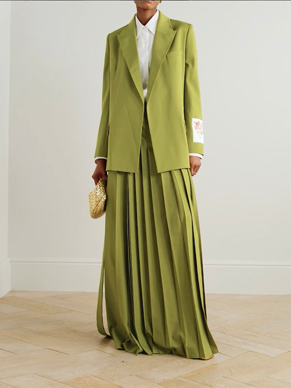 Olive longline blazer with an embroidered floral panel on the sleeve