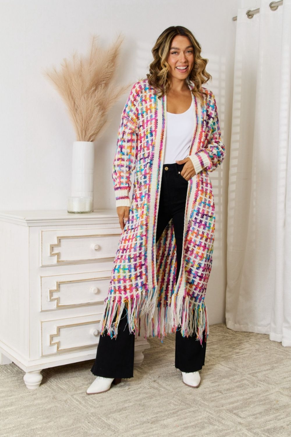 Women's longline fringe cardigan in Red and White