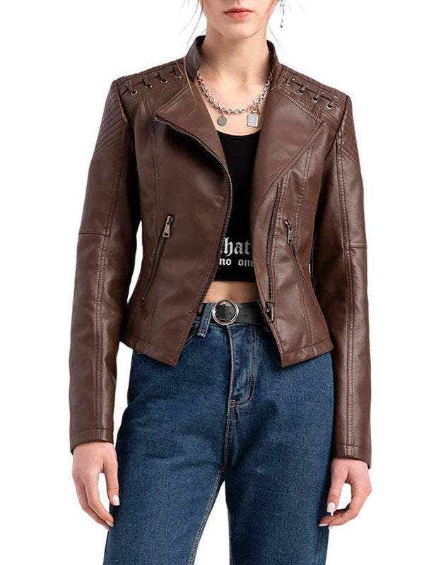 Faux leather biker jacket with lacing across the shoulders in coffee