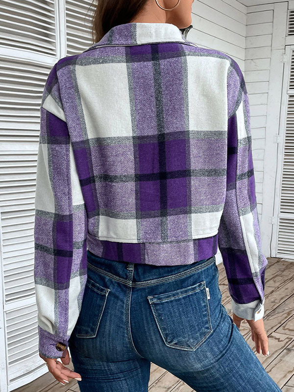 Cropped checked jacket with a pointed collar and two flap pockets