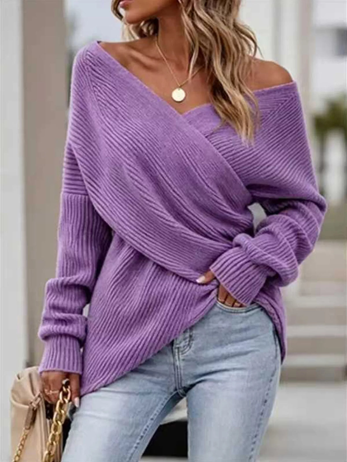 Women's crossover front ribbed jumper in Purple
