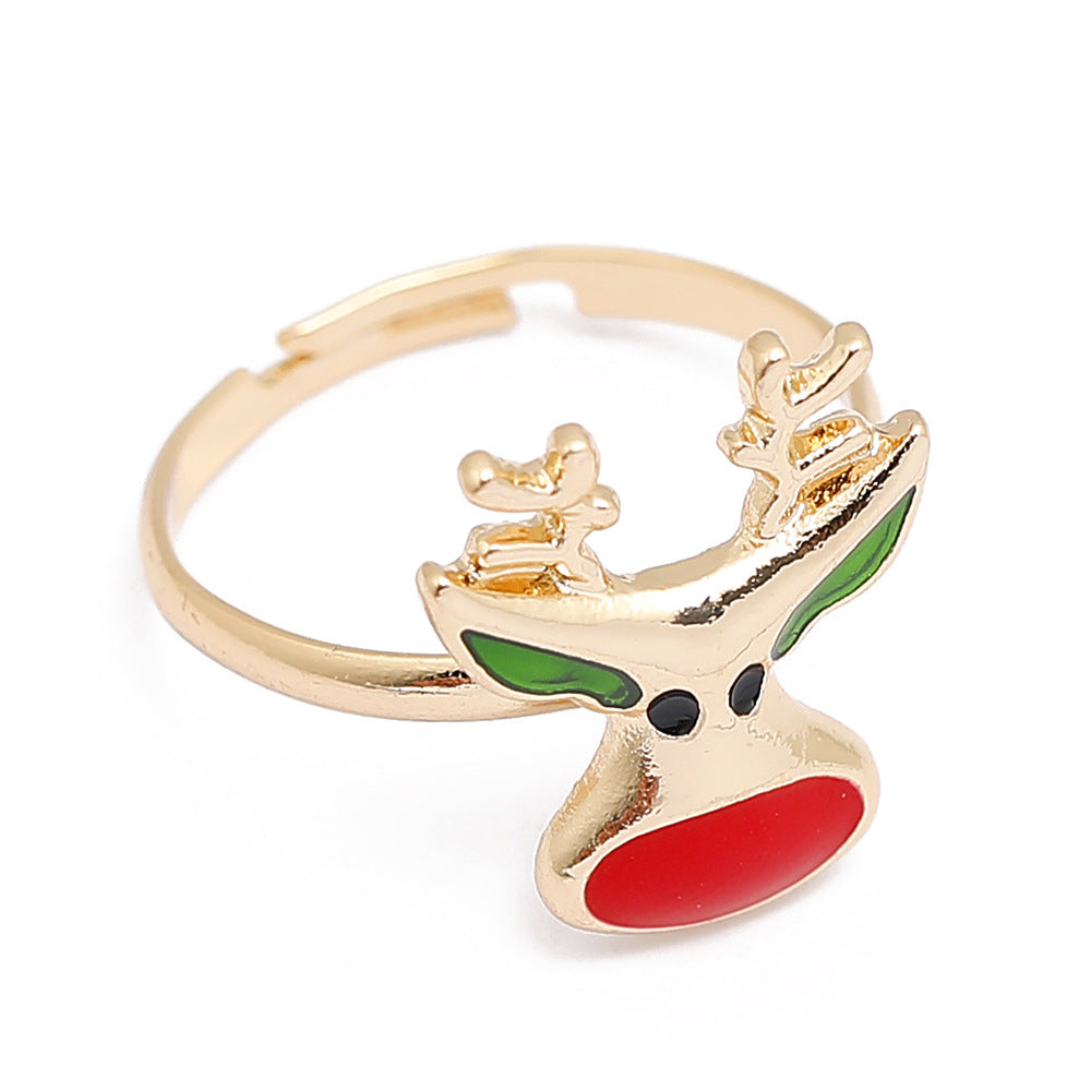 Adjustable gold-tone Christmas ring with an open band and a festive motif - reindeer head with antlers
